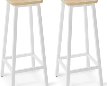 Set of two modern bar stools with white metal frames and light wood square seats.