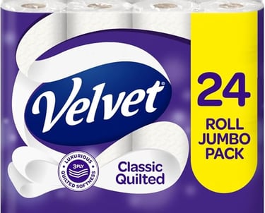 Velvet Classic Quilted 3-ply toilet paper 24 roll jumbo pack with luxurious softness.