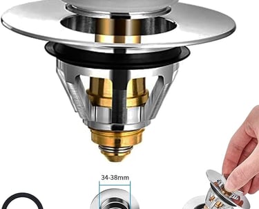 a person holding a metal sink drainet with a drain