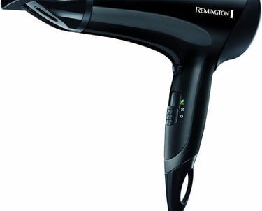 Professional Remington black hair dryer with concentrator nozzle for precision styling and eco settings.