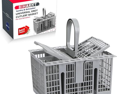 Universal grey cutlery basket replacement for dishwashers with handle and foldable lids.