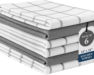 Stack of 6 grey and white cotton kitchen towels featuring windowpane and waffle weave patterns.