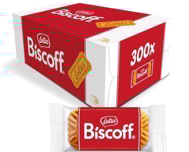 Bulk box of 300 Lotus Biscoff caramelized biscuits individually wrapped for coffee service.