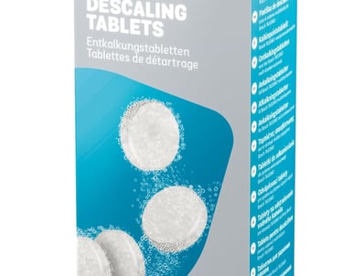 Official Bosch Tassimo descaling tablets for coffee machines in a blue and white retail box.