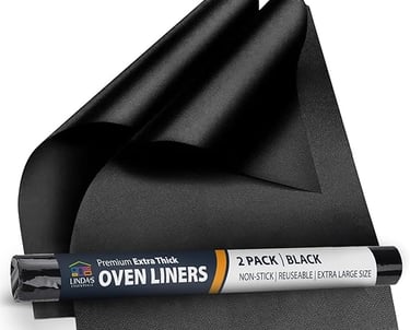 Two pack of black premium extra thick non-stick reusable oven liners for protecting oven bottoms.