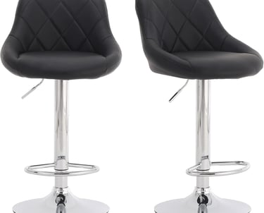 Set of two black faux leather swivel bar stools with diamond-tufted backs and chrome adjustable bases.