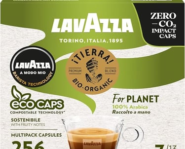 Lavazza A Modo Mio Tierra Bio-Organic coffee capsules in a 256 multipack of compostable eco caps.