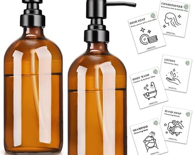 a pair of soap bottles with labels on them