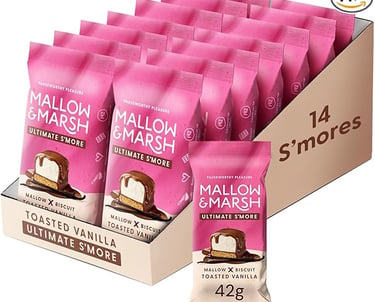Mallow & Marsh Toasted Vanilla Ultimate S'mores bars in a 14-pack display box.
