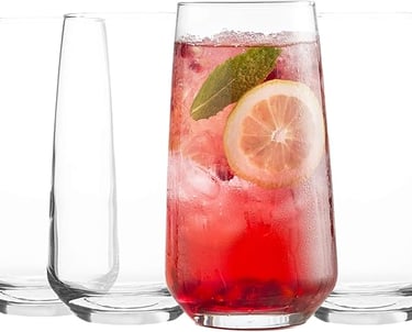Set of four tall highball glasses featuring a refreshing red iced cocktail with lemon and mint.