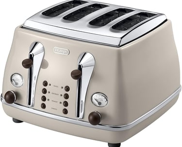 Retro style De'Longhi Icona Vintage 4-slice toaster in cream with chrome accents and bagel settings.