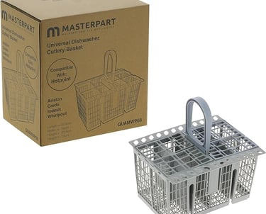 Universal grey dishwasher cutlery basket next to its Masterpart retail packaging box.