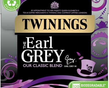 Twinings Earl Grey Tea box containing 120 biodegradable plant-based tea bags in a classic black and purple pack.