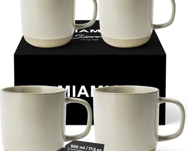 Set of four 17.5 oz matte beige ceramic coffee mugs with a minimalist two-tone design and gift box.