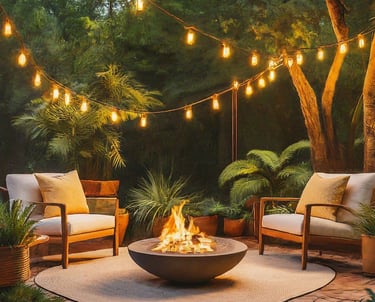 a fire pit with chairs and a fire pit