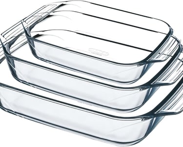 a stack of three glass containers with clear glass lids