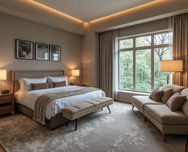 a bedroom with a bed and a couch