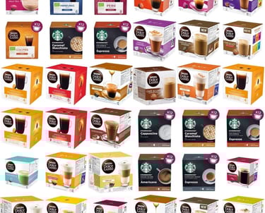 a variety of coffee pods are shown in this image