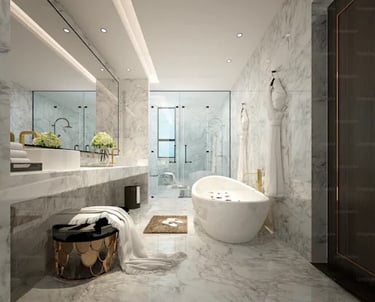 a bathroom with a tub tub and a large mirror