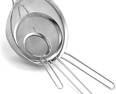 a metal strainer with a mesh strainer and a strainer