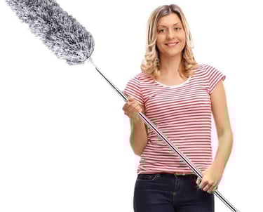 a woman holding a broom and cleaning a broom