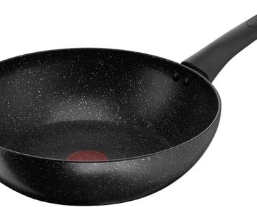Tefal non-stick stir-fry wok pan with black stone-effect coating and Thermo-Signal heat indicator.