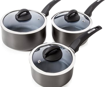 a set of three pots with lids and pots
