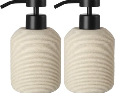two soap dispensers with soap dispensers