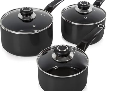 a set of three pots and pans with lids