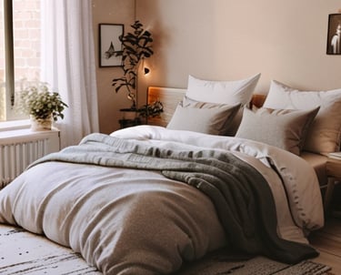 a bed with a blanket on top of a bed