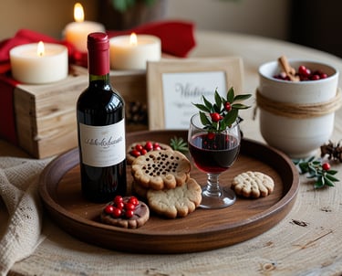 a wine glass with a bottle of wine and cookies