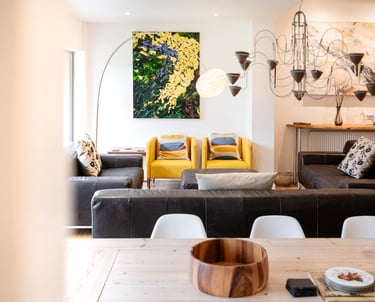 a living room with a couch and a table