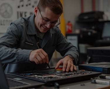 computer repair a man in a military uniform is working on a laptop