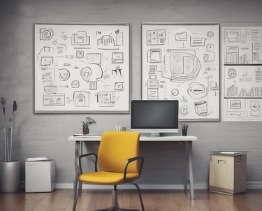 A group of six professionally dressed individuals are posed together in an office setting. Three women and three men are standing and sitting, smiling towards the camera. The background features a flat-screen monitor and a table with a lamp and decorative items.