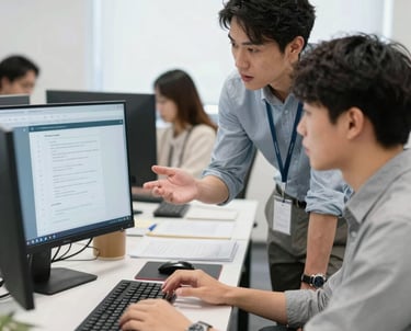 A hand holding a thermal scanner is pointed towards a rack of computer servers. The servers are illuminated with blue LED lights, giving a technological and futuristic feel.