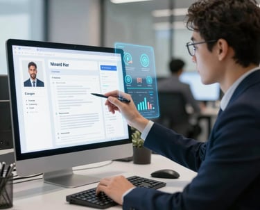 A group of five individuals are in a conference room engaging in a meeting. Four people are seated at a table with laptops and notebooks in front of them, while one person is standing and pointing at a projection on the wall displaying various company logos.