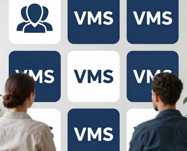 Several people are working at desks with computers displaying lines of code. The room has a modern office environment with overhead lighting and a glass partition. One person has purple hair, and another is wearing headphones.