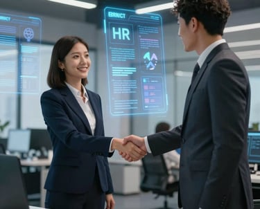 Three people are standing in front of a backdrop with Microsoft branding and the text 'Cloud stories from Norway.' Each person is positioned behind a tall round table. One table has a laptop covered in various tech-related stickers. The setting appears to be a professional or tech-related event with lights on either side.