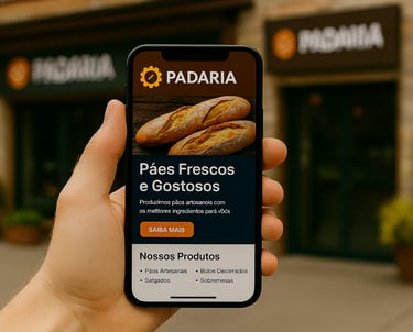 Landing page exibida em celular, com empresa cliente ao fundo, criada pela Élan Digital