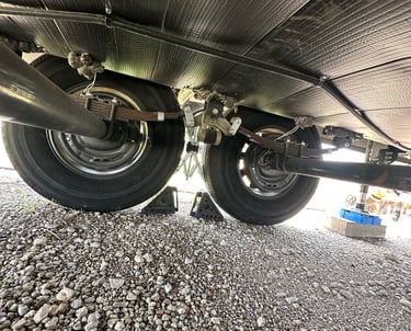 a close up of a tire on a dual axle RV