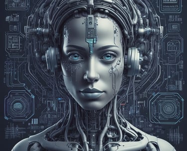 Four small, white robot figures are sitting in a row, each with a laptop in front of them. They have round bodies and blue accents, with 'AI' displayed on their chests. The background is minimal and light gray, emphasizing the robots and their computers.