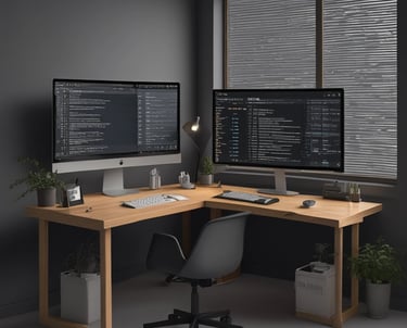 A computer screen displaying web design content and code side by side. The left side features text describing a product designer's work and experience, while the right side shows colorful, highlighted code lines on a dark background.