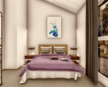 Modern bedroom interior with a purple bed, abstract wall art, and a large window overlooking trees.
