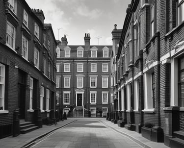 a black and white photo of an affluent residential street in London
