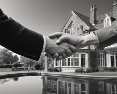 A calm, professional meeting between property managers and clients reviewing sales strategy documents.