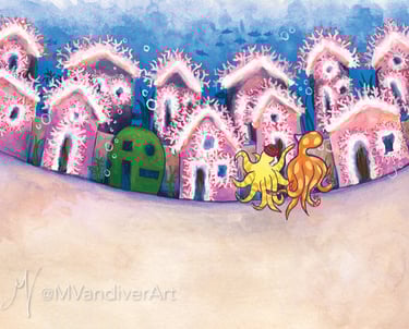 Illustrations from The Octopus's Holiday by New Orleans artist Melissa Vandiver.
