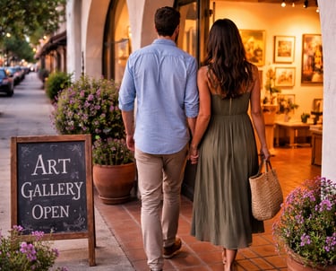 Couple holding hands entering an art gallery in downtown Ojai, California at golden hour