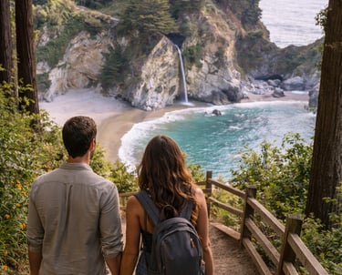 Couple hiking in Julia Pfeiffer Burns State Park overlooking McWay Falls in Big Sur