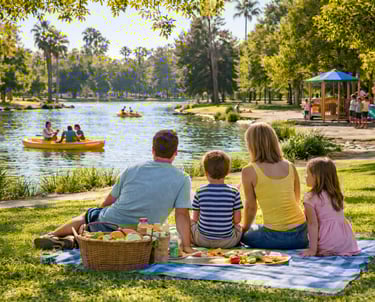 Family sitting on a picnic blanket by a lake at El Dorado Park in Long Beach with paddle boats and trees in the background