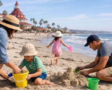 Family playing on a San Diego beach in spring, building sandcastles near the ocean